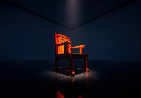 Elegant antique style red wood chair with intricate carvings stands under a dramatic spotlight in a dark, empty room, highlighting its polished surface and classic design.の素材