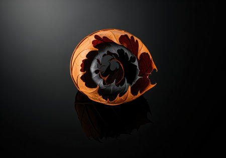 Abstract curled leaf in burnt orange and deep charcoal gray, forming a spiral shape on a reflective dark surface. organic design, natural beauty, and minimalist art.の素材
