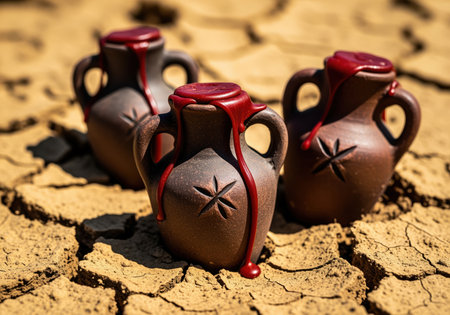 Three small, dark clay amphorae with red wax seals dripping down their sides, standing on parched, cracked earth. symbolizes drought, scarcity, and ancient traditions.の素材
