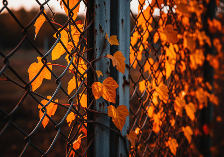 Vibrant orange and yellow ivy leaves cling to a weathered chain link fence, illuminated by the warm glow of autumn sunset, showcasing nature resilience and seasonal change.の素材