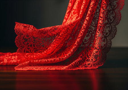 Scarlet red venetian lace fabric with intricate floral patterns, elegantly draped and flowing over a dark, reflective wooden surface, creating a luxurious and sensual texture.の素材