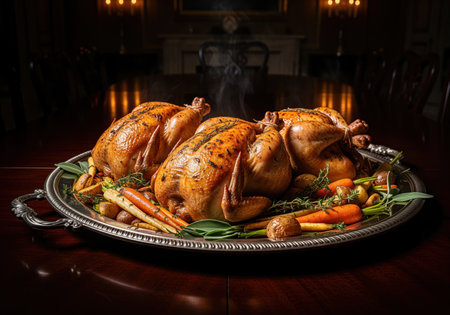 Three perfectly roasted golden brown chickens, garnished with fresh herbs and root vegetables, steaming on a decorative silver platter, ready for a festive dinner.の素材