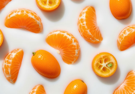 Fresh orange mandarin segments and whole kumquats, some cut in half, arranged in creamy white liquid. vibrant citrus fruit pattern for healthy eating.の素材