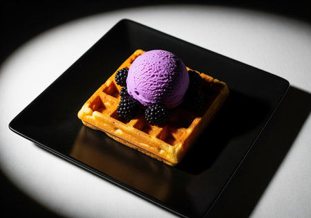 Crispy golden brown belgian waffle topped with a scoop of vibrant purple ice cream and fresh, dark blackberries, served on a sleek black square plate under dramatic lighting.の素材