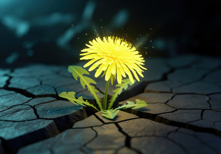 Vibrant yellow dandelion with green leaves emerges from deep cracks in dry, dark gray earth, illuminated by a soft glow. it symbolizes resilience, hope, and new life in challenging conditions.の素材