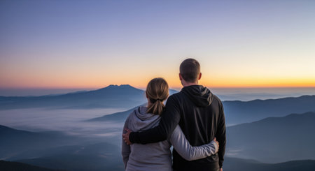 Couple embracing on a mountain peak, observing a vast misty valley and distant mountains during a colorful sunrise.の素材