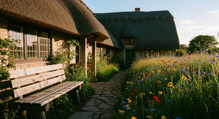Traditional thatched roof cottage nestled in a vibrant wildflower meadow under a clear blue sky. a rustic wooden bench sits beside a stone path leading to the entrance, evoking a serene summer scene.の素材