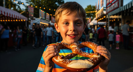 Smiling young boy holding a large salted pretzel at a bustling outdoor festival. fairground stalls, string lights, and blurred people create a lively atmosphere.の素材