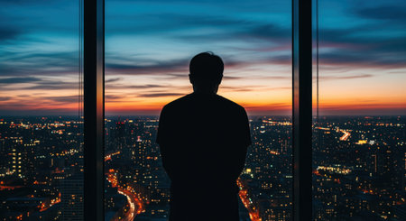 Silhouette of a man standing by a large window, gazing at a vibrant city skyline illuminated by the colorful sunset. urban landscape with bright lights.の素材