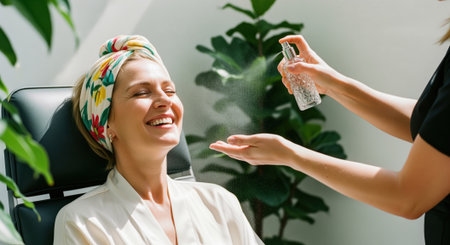 Joyful middle aged woman with blonde hair, wearing a floral head wrap, smiles while receiving a refreshing facial mist. focus on skin hydration, beauty, and wellness.の素材