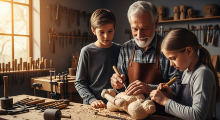 Master carpenter guiding a boy and girl in wood carving at a workbench, surrounded by tools in a sunlit workshop. intergenerational learning and craftsmanship.の素材