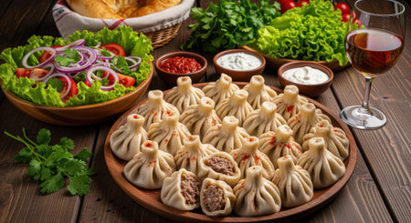 Platter of traditional georgian khinkali dumplings filled with meat, served with fresh green salad, red onion, tomato, various sauces, bread, and a glass of red wine on a rustic wooden table. savory meal.の素材