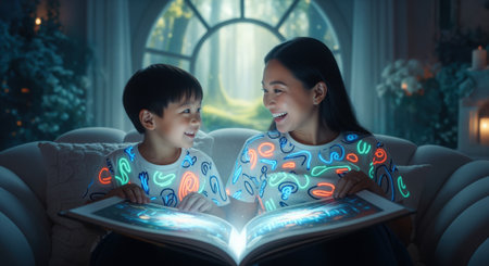 Asian mother and son, wearing matching glowing shirts, share a luminous storybook in a cozy, dreamlike room. the glowing pages illuminate their faces, creating a magical storytelling moment.の素材