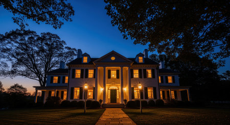 Traditional colonial style house glowing with warm lights at twilight. a stone pathway leads to the illuminated entrance, surrounded by dark trees and a green lawn, creating an inviting evening scene.の素材