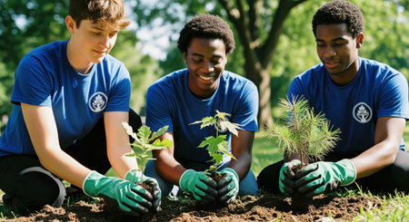 Young diverse volunteers in blue shirts and green gloves carefully planting saplings in a park. represents environmental conservation, community, and a sustainable future.の素材