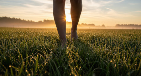 Bare feet walking on dewy grass in a vibrant green meadow during a serene sunrise. golden light illuminates the scene, creating a peaceful morning atmosphere.の素材