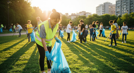 Young woman in a yellow vest and blue gloves collecting trash with a grabber in a park. a group of children and adults volunteers participate in a community clean up event, promoting environmental protection and sustainability.の素材