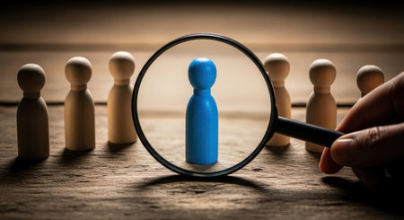 A magnifying glass highlights a distinct blue wooden figure standing out from a line of identical plain wooden figures on a rustic wooden surface. symbolizes selection, talent search, and individuality.の素材