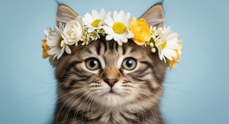 Fluffy tabby kitten wearing a delicate flower crown of white daisies and yellow blossoms, looking directly at the camera against a light blue background. spring and pet concept.の素材