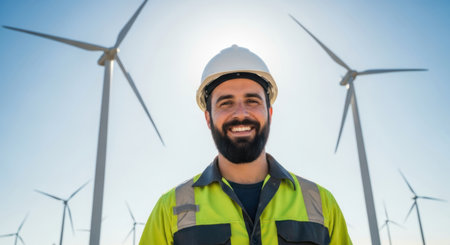 Bearded man engineer wearing a white hard hat and yellow safety vest, smiling at a wind farm. represents renewable energy, clean power, and sustainable development.の素材