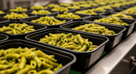 Green pesto pasta in black plastic meal prep containers on a conveyor belt in a food factory. industrial production of ready meals for convenience and healthy eating.の素材