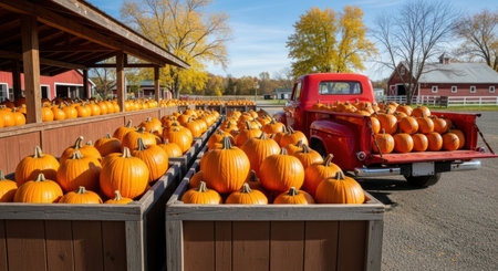 Vibrant orange pumpkins neatly arranged in wooden crates at a bustling farm stand, with a classic red pickup truck loaded with more pumpkins and farm buildings in the autumn background.の素材