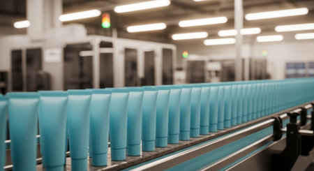 Identical pastel blue plastic tubes moving along a conveyor belt in a modern industrial factory. represents mass production, automation, and packaging in the cosmetic or pharmaceutical industry.の素材