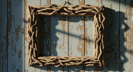 Weathered gnarled driftwood frame hanging on a distressed blue wooden wall with peeling paint and natural shadows. rustic, coastal, and natural decor concept.の素材