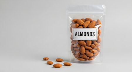 Whole raw almonds in a transparent stand up plastic pouch, with several nuts scattered on a light gray surface. healthy snack, natural food, and nutritious ingredient.の素材