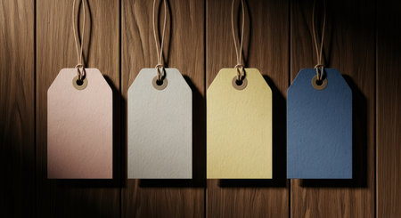Four blank rustic paper tags in pink, grey, yellow, and blue, hanging from natural twine on a dark wooden background. perfect for copy space, price labels, or custom messages.の素材