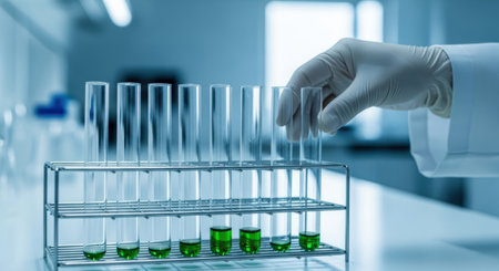 Gloved hand carefully placing a test tube into a rack with other clear glass tubes, some containing green liquid, in a sterile laboratory environment, symbolizing scientific research and discovery.の素材