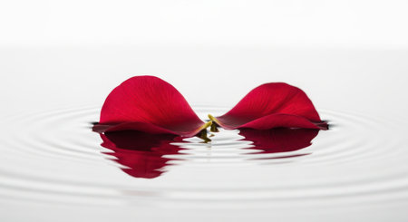 Two delicate deep red flower petals floating on a calm water surface, creating subtle ripples and reflections. symbolizes purity, tranquility, and natural beauty.の素材