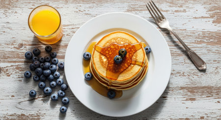 Stack of golden pancakes drizzled with maple syrup and fresh blueberries, served with a glass of orange juice on a rustic wooden table. ideal for breakfast or brunch concepts.の素材
