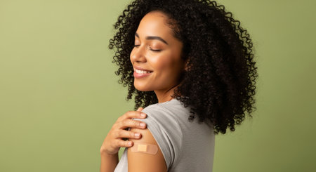 Young black woman with curly hair smiling, eyes closed, showing a bandage on her arm after receiving a vaccine. health, immunity, and prevention concept.の素材
