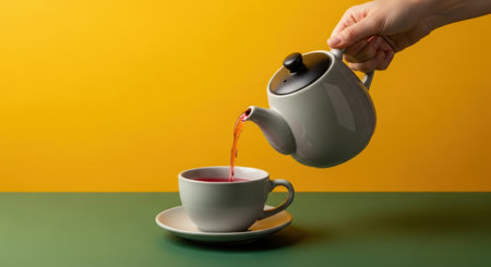 Hand pouring vibrant red tea from a grey ceramic teapot into a matching cup and saucer on a green surface with a bright yellow background. refreshing hot beverage.の素材