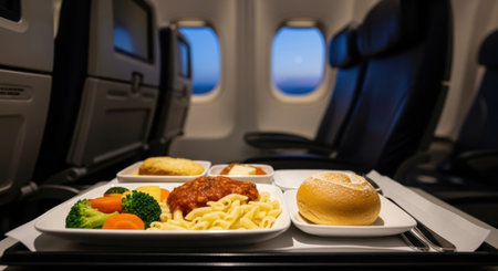 Airplane meal with pasta, vegetables, and bread served on a tray table in a commercial aircraft cabin. view of the window and seats during a flight.の素材