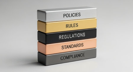 Metallic blocks stacked vertically displaying words, policies, rules, regulations, standards, and compliance. represents corporate governance, legal framework, and ethical adherence.の素材