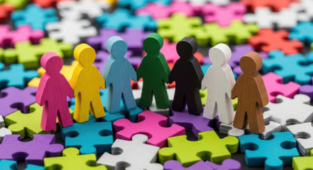 Seven diverse colorful wooden human figurines stand together on a background of scattered, brightly colored puzzle pieces, symbolizing unity, diversity, and teamwork.の素材