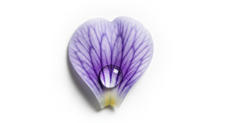 Single violet flower petal with a perfectly formed clear water drop, showcasing delicate veins and vibrant purple color on a white background. purity, freshness, and natural beauty concept.の素材