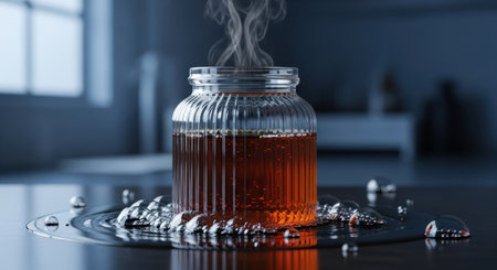 Dark brown viscous liquid steaming in a ribbed glass jar, resting on a reflective surface with metallic liquid droplets. represents science, chemistry, and experimental concepts.の素材