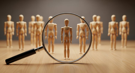 Wooden mannequin figure highlighted by a magnifying glass, standing out from a crowd of similar figures. concept of talent search, recruitment, and human resource selection.の素材