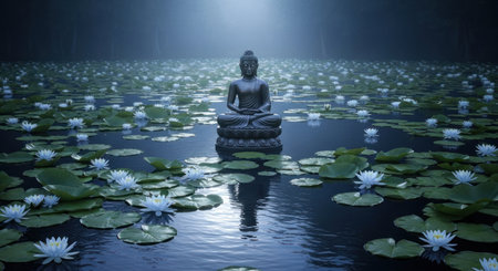 Dark bronze buddha statue in meditative pose surrounded by white lotus flowers and lily pads on a tranquil, misty pond under soft light, symbolizing peace and enlightenment.の素材