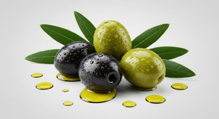 Fresh green and black olives covered in water droplets, surrounded by olive leaves and golden oil drops, highlighting freshness and natural quality.の素材