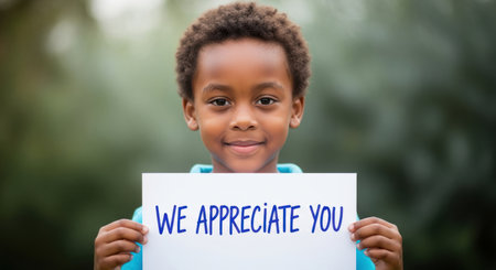Young african american boy with a cheerful expression holding a white sign displaying we appreciate you text, conveying gratitude, support, and a positive message.の素材