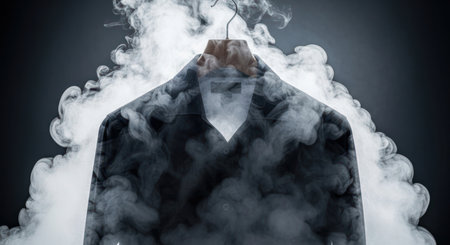Black dress shirt hanging on a wooden hanger, surrounded by swirling white steam. represents professional dry cleaning, freshness, and garment care.の素材