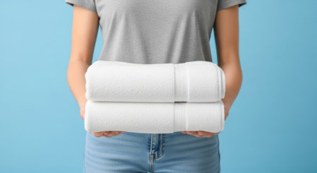 Woman holding a stack of two clean, soft white folded towels. ideal for concepts of laundry, hygiene, spa, hotel services, or home care against a vibrant blue background.の素材
