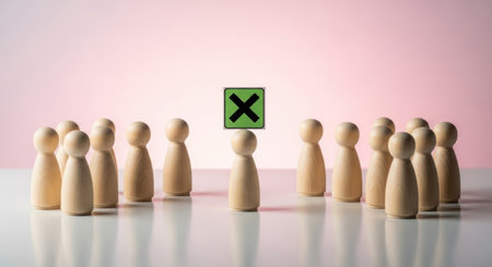 Group of wooden peg dolls surrounding an isolated figure with a green x sign, symbolizing rejection, exclusion, or a wrong choice.の素材