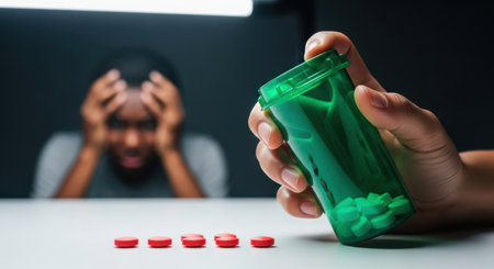 Hand holding a green prescription pill bottle, red pills on table. distressed man in blurred background, symbolizing addiction, anxiety, and mental health crisis.の素材