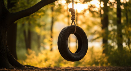 Tire swing hangs from a thick rope on a sturdy tree branch in a lush green forest, bathed in warm golden sunlight at sunset, evoking childhood memories and simple joy.の素材