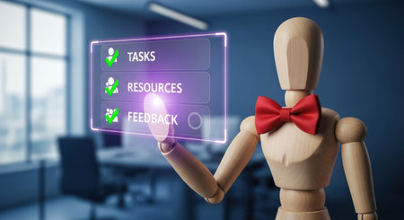 Wooden mannequin wearing a red bowtie interacts with a glowing holographic interface displaying tasks, resources, and feedback with checkmarks in a modern office.の素材